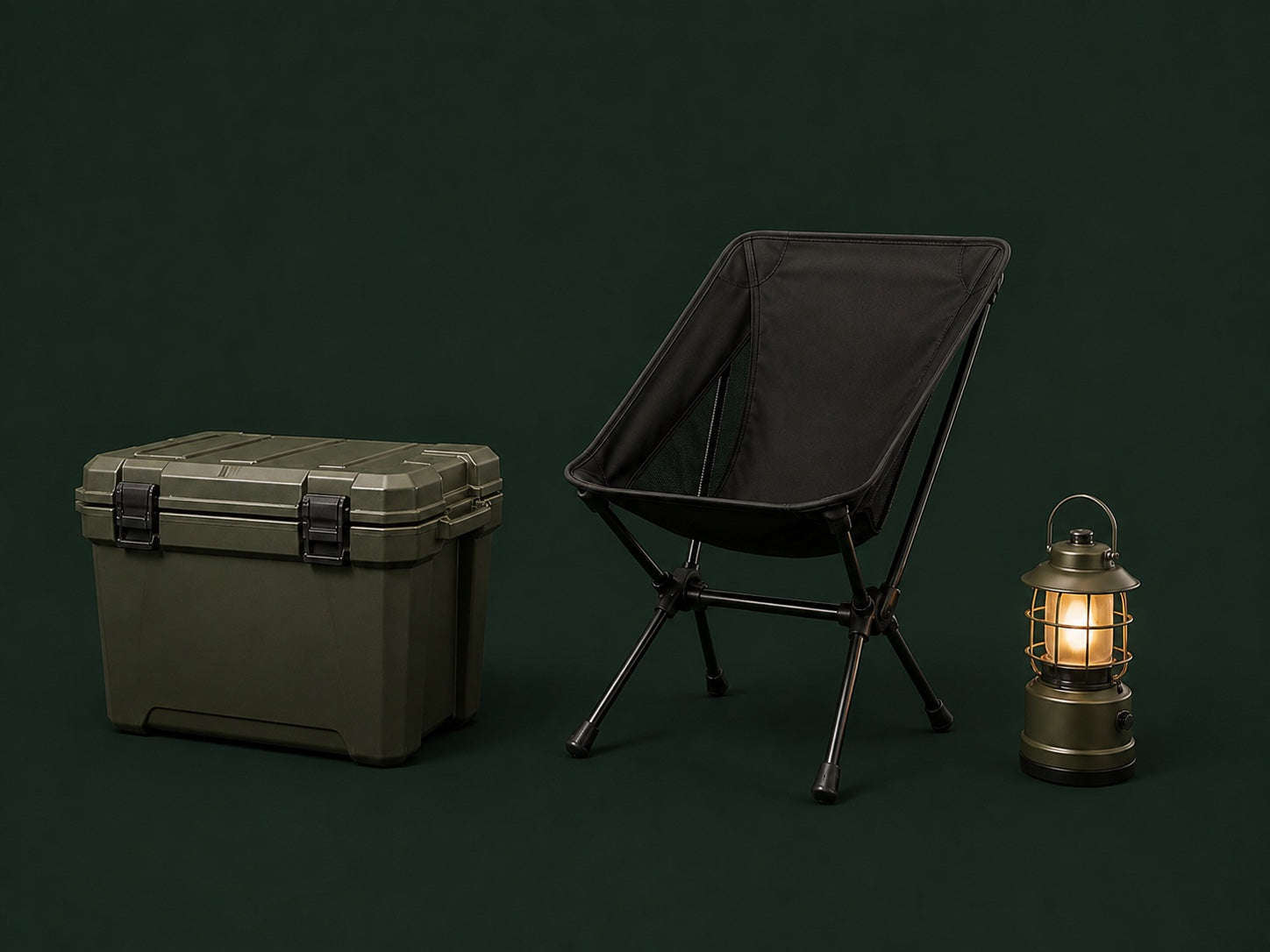 A rugged storage box, folding camp chair, and compact lantern displayed as isolated camping gear on a matte deep-pine background.