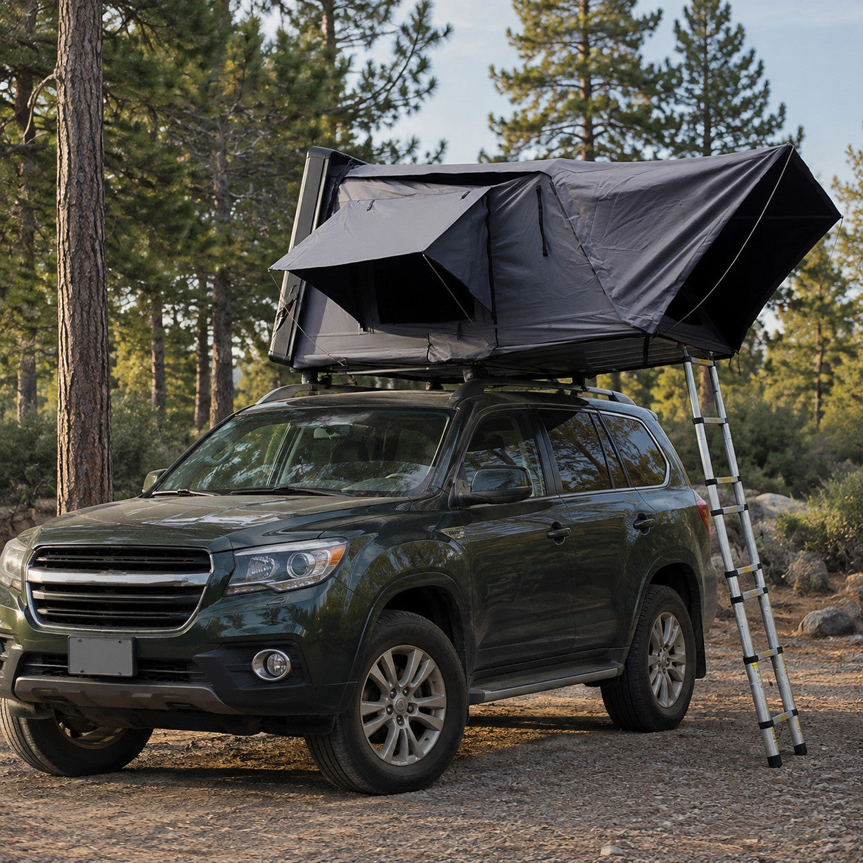 TrailNest Panorama Side-Fold Rooftop Tent fully visible on a dark green SUV at a pine campsite.