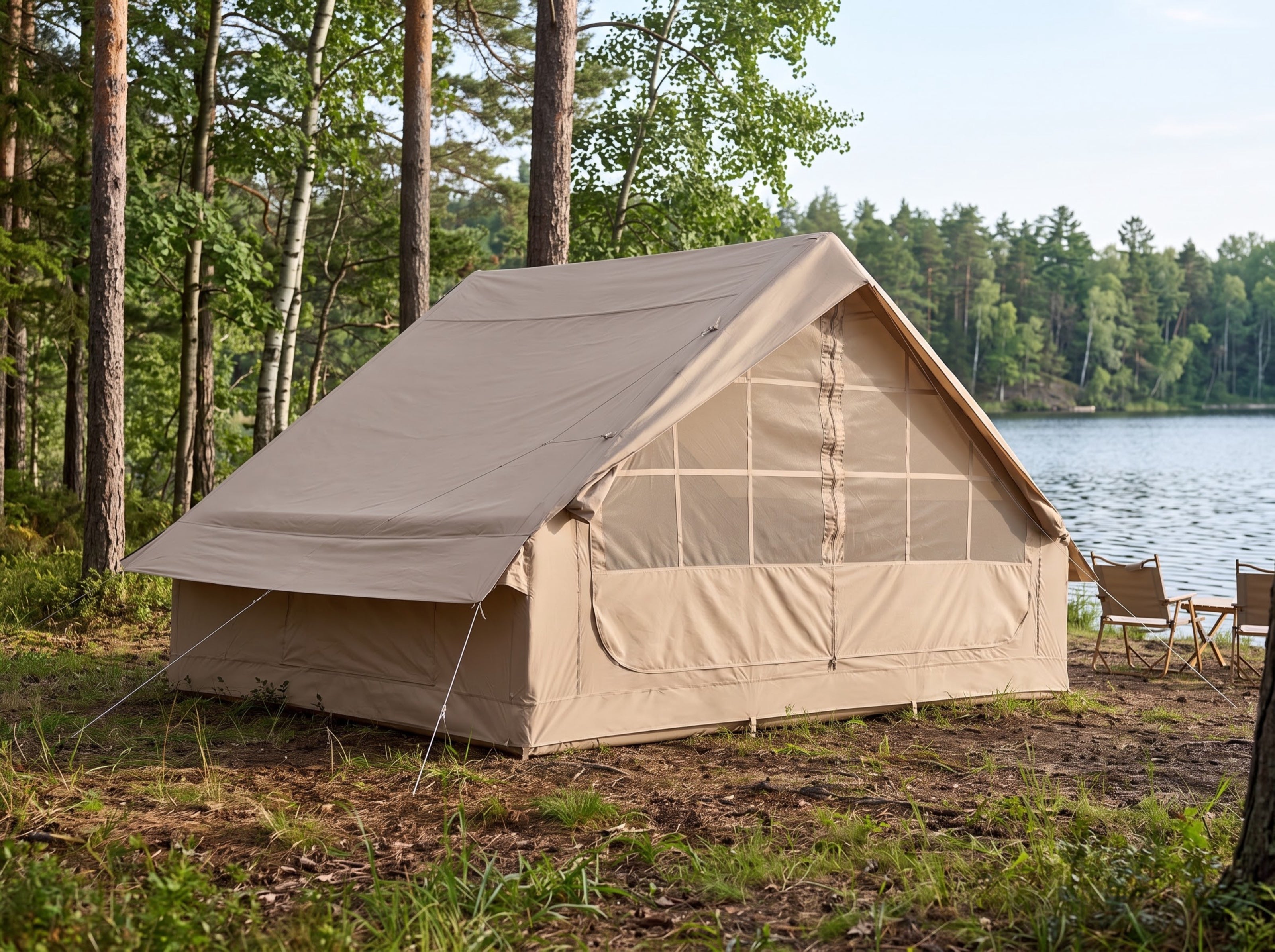 A long beige TrailNest inflatable cabin tent fully pitched beside a forest lake in clear morning light.