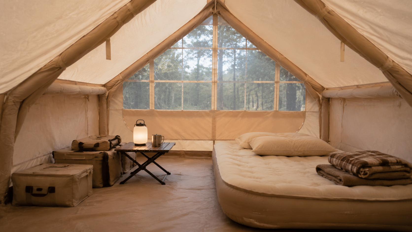 Spacious furnished interior of a TrailNest inflatable cabin tent.